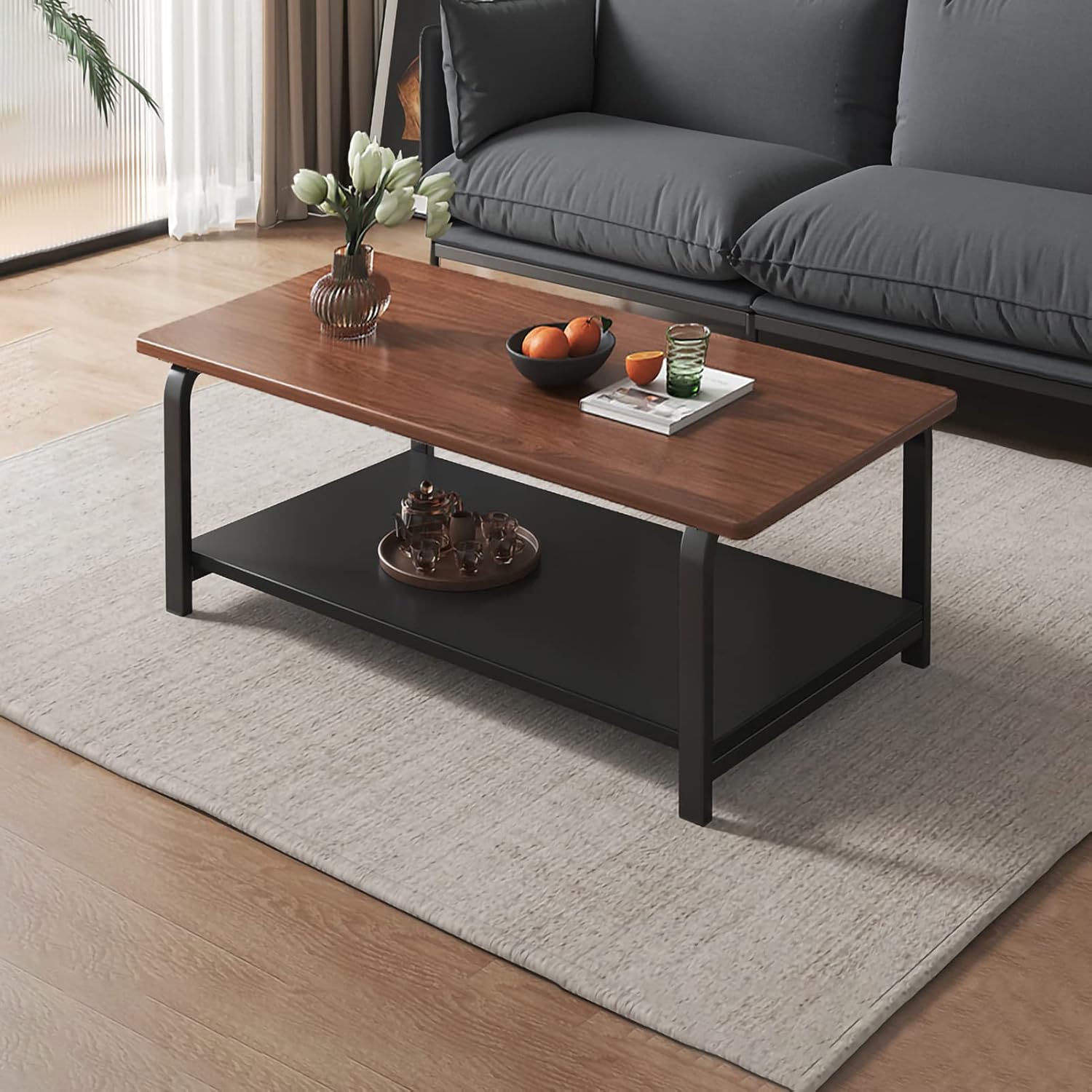 RESIGILAT - Masuta de cafea rustic-moderna, cu raft de depozitare, blat MDF, cadru metalic, 120x60x43cm