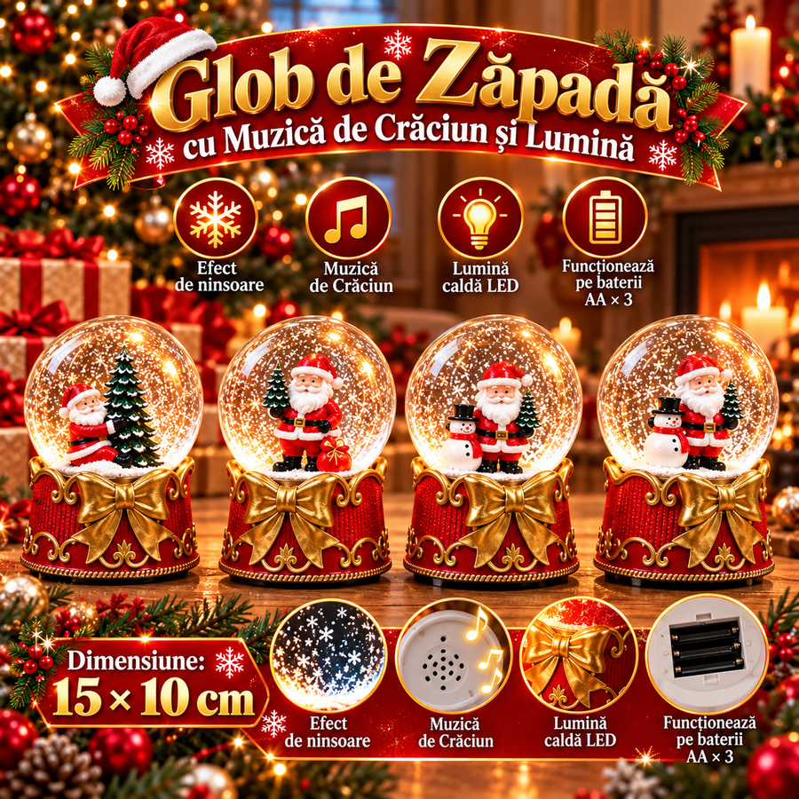 Glob de Zăpadă Premium de Crăciun cu Moș Crăciun, Bază tip Cutie Cadou cu Fundă Aurie, Muzică, Lumină LED și Efect de Ninsoare – 15 × 10 cm - imagine principala