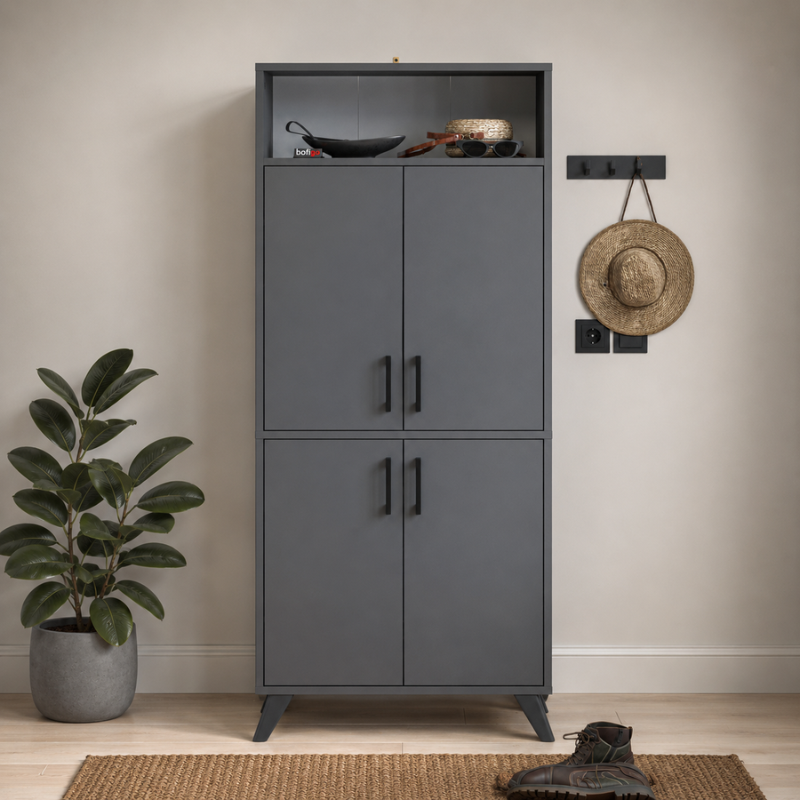 Pantofar modern 72x32x170 cm, cu 4 usi si 9 rafturi, pentru hol, intrare sau depozitare incaltaminte