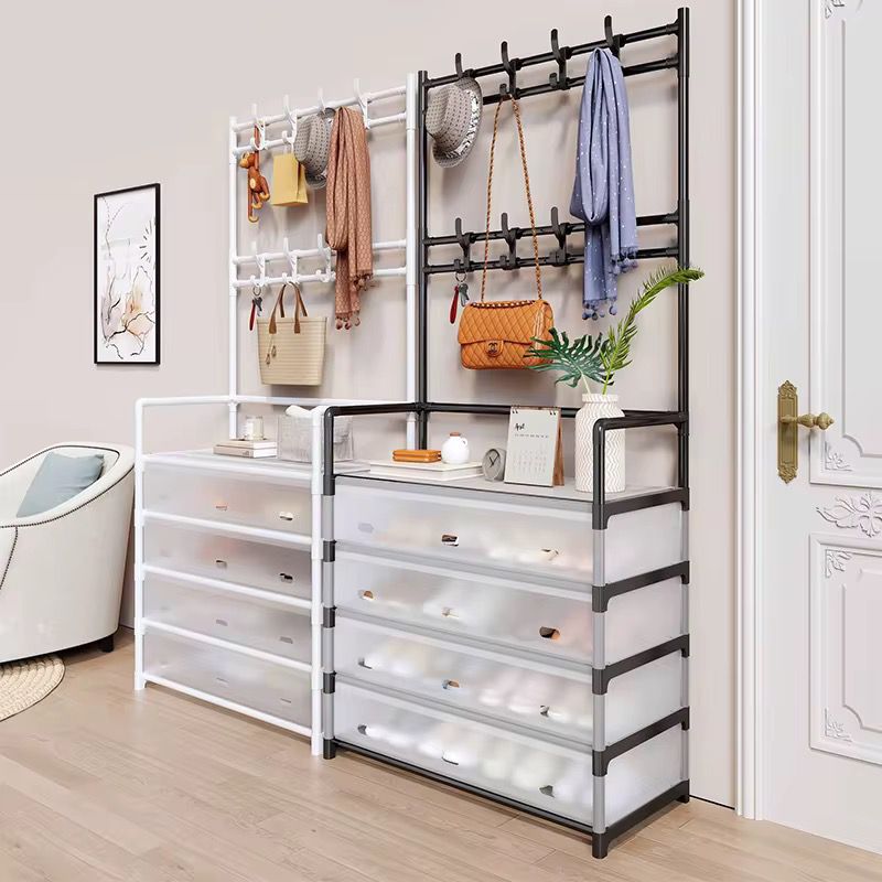 Cuier cu raft pantofi pe 4 niveluri si 8 carlige duble, suport haine si incaltaminte  pentru hol