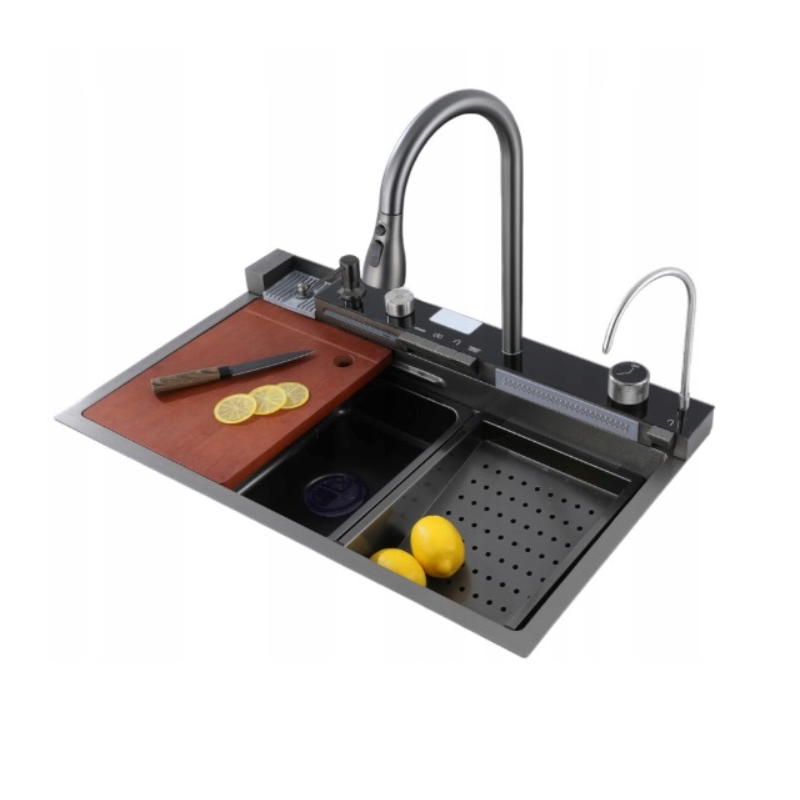 Chiuveta Bucatarie Multifunctionala Negru Grafit cu 2 Cascade, Robinet Cascada, Afisaj Digital Temperatura, Accesorii Incluse