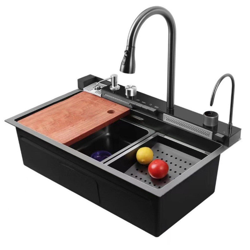 RESIGILAT - Chiuveta multifunctionala cu 2 cascade cu accesorii incluse, afisaj digital a temperaturii si robinet cascada, culoare negru grafit