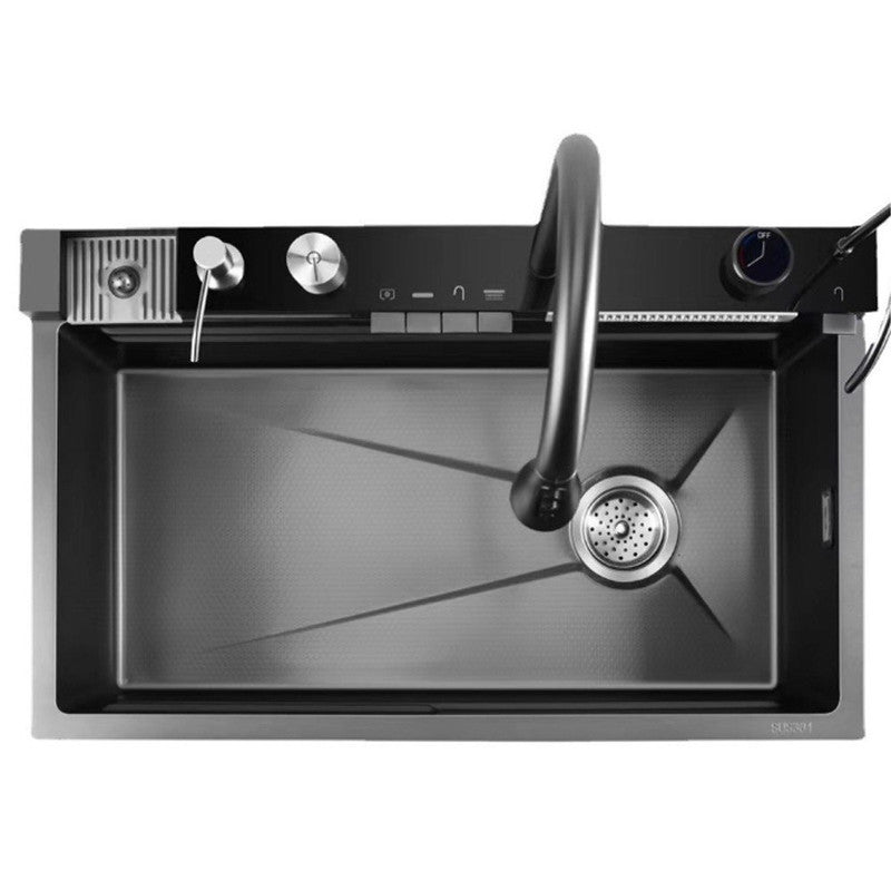 RESIGILAT - Chiuveta multifunctionala cu 2 cascade cu accesorii incluse, afisaj digital a temperaturii si robinet cascada, culoare negru grafit