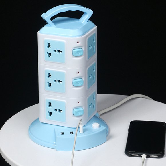 Prelungitor turn / vertical cu 12 Prize 3 porturi USB, 3 Intrerupatoare, alb/albastru