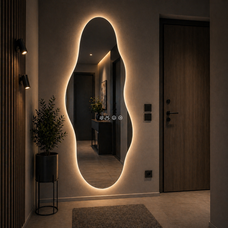 RESIGILAT - Oglinda LED forma asimetrica 55x180 cm iluminare 3 culori touch ceas digital
