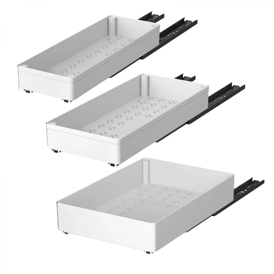 Set 3 sertare cu glisiere autoadezive soft-close, extragere totala, sina cu extensie, 3 dimensiuni, alb