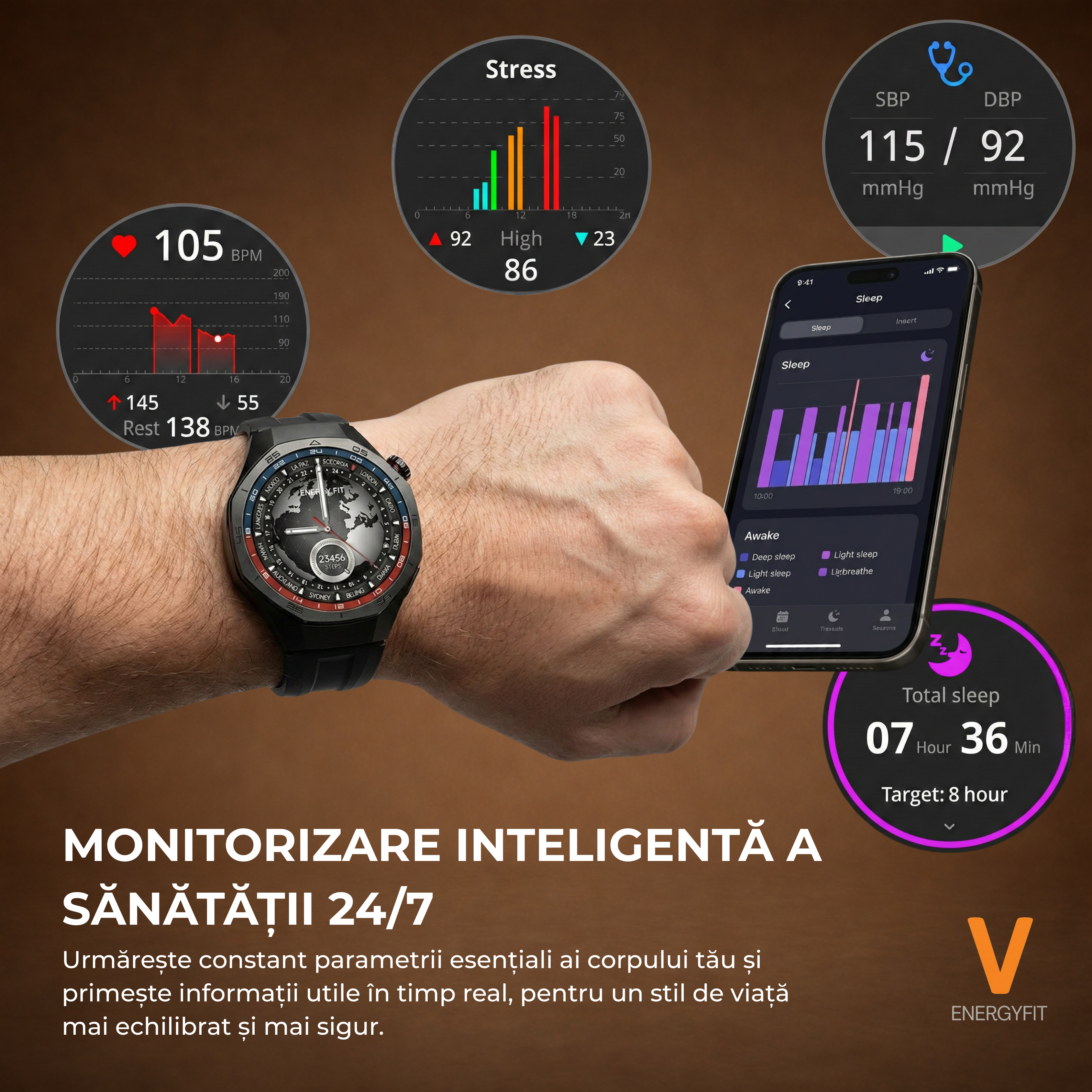 RESIGILAT - Ceas Smartwatch ENERGYFIT, Ecran AMOLED 1.43", Apel Bluetooth, ChatGPT AI, Notificari Romana, Fitness, Sport, Rezistent Apa 5ATM, Incarcare Wireless, 2 Curele, Negru