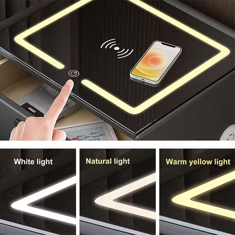 Noptiera Smart Multifunctionala, iluminare LED tactil cu 3 culori, incarcare wireless si USB, difuzor Bluetooth, 2 sertare