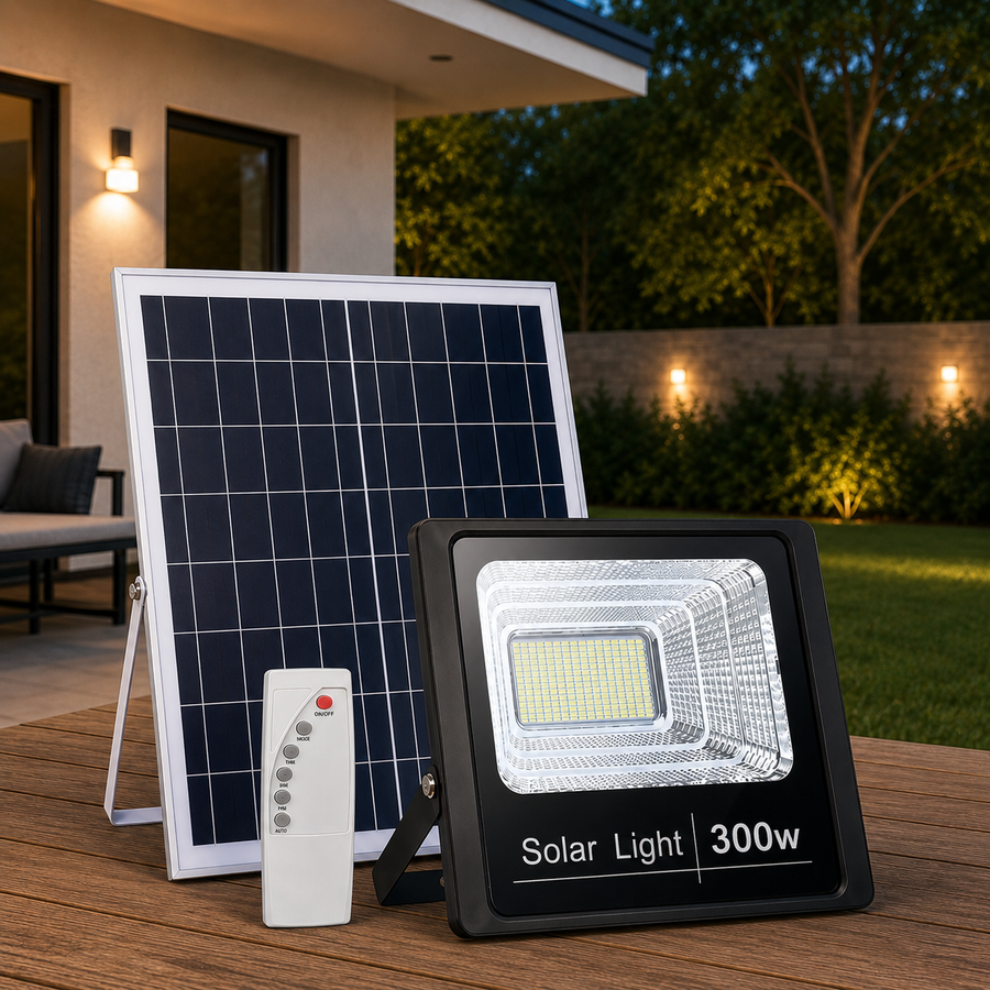 Proiector LED cu panou solar si telecomanda, IP66