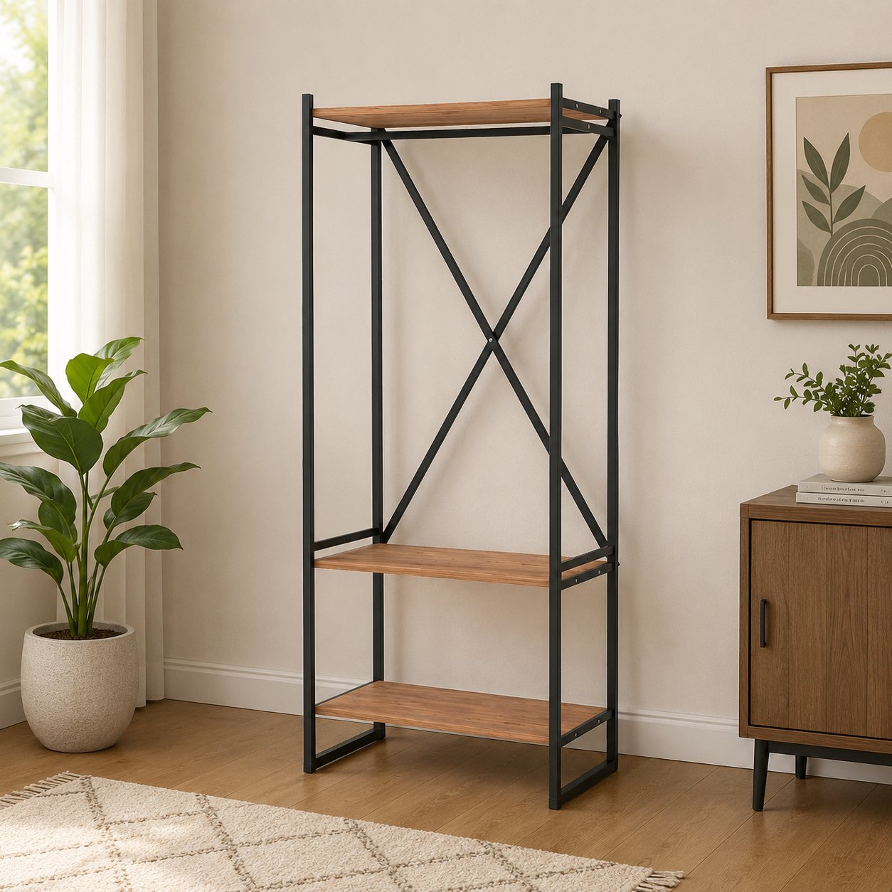 Cuier metalic cu suport pentru pantofi si rafturi, 66 x 34 x 159,8 cm