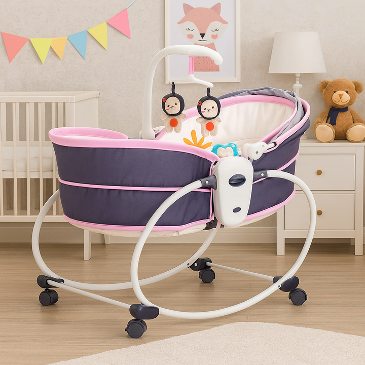 Balansoar 5 in 1 cu vibratii pentru copii si bebelusi, transformabil in landou si scaun copii, cu melodii, Mov