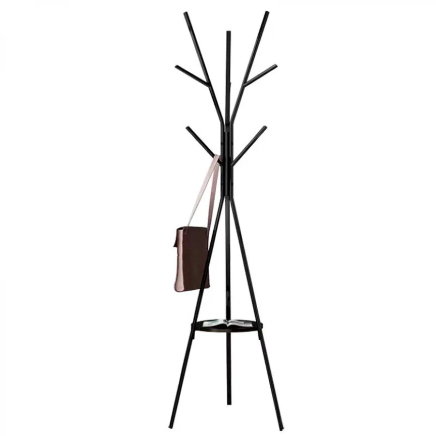 RESIGILAT - Cuier haine cu suport din lemn pentru accesorii, 9 carlige, otel carbon, 180 x 45 cm, negru
