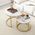 Set 2 masute rotunde de cafea cu efect de marmura, blat MDF, cadru metalic auriu