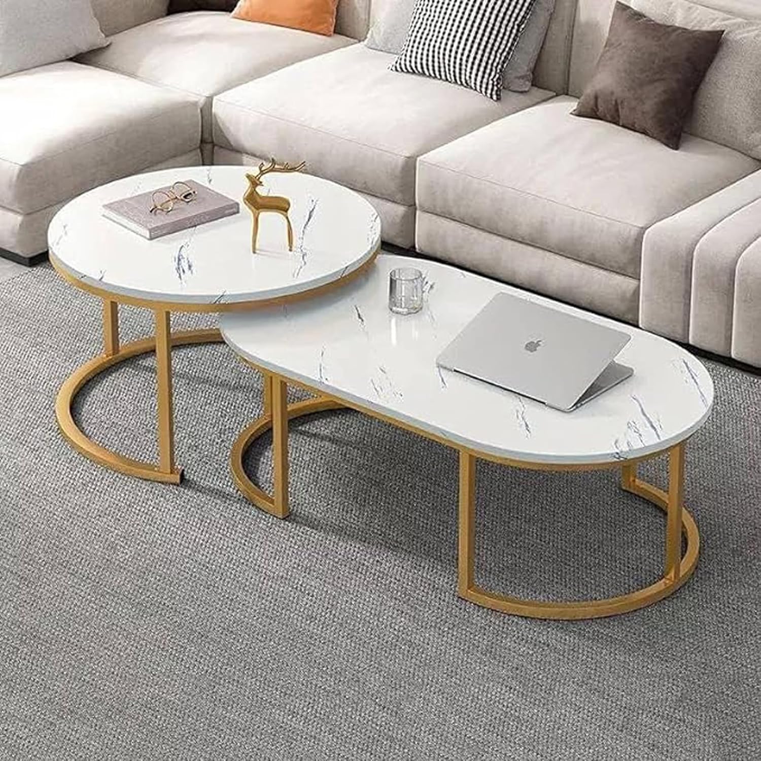 RESIGILAT - Set 2 Mese Cafea, Design Modern Minimalist, Blat Alb Efect Marmura, Cadru Metalic Auriu