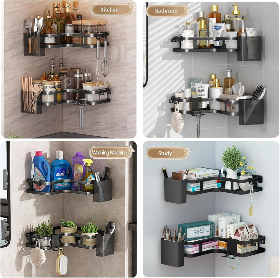 Set 2 rafturi de colt pentru baie sau bucatarie,5 piese, cu suport pentru periuta si pasta de dinti