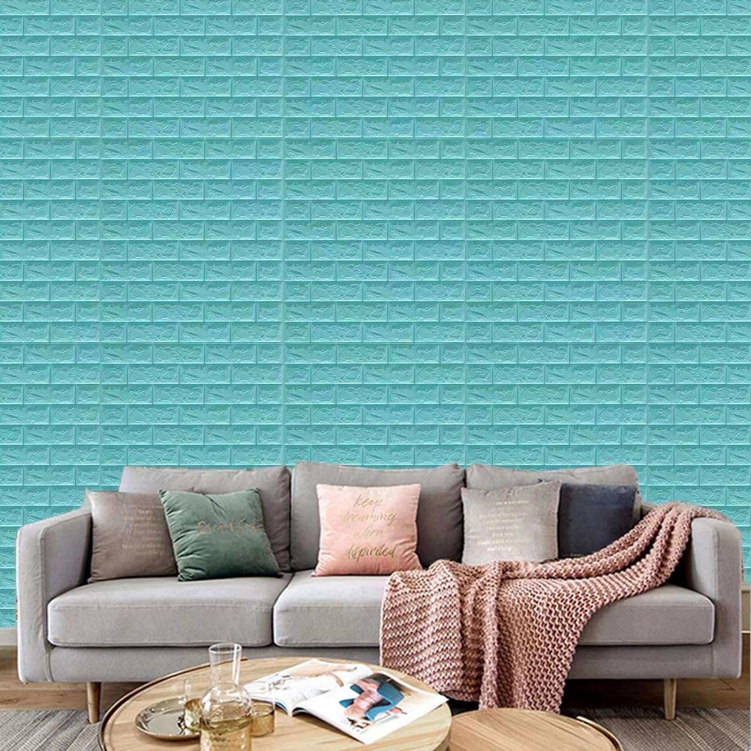 Tapet 3D caramida Turcoaz auto-adeziv pentru interior, 70 x 77 cm