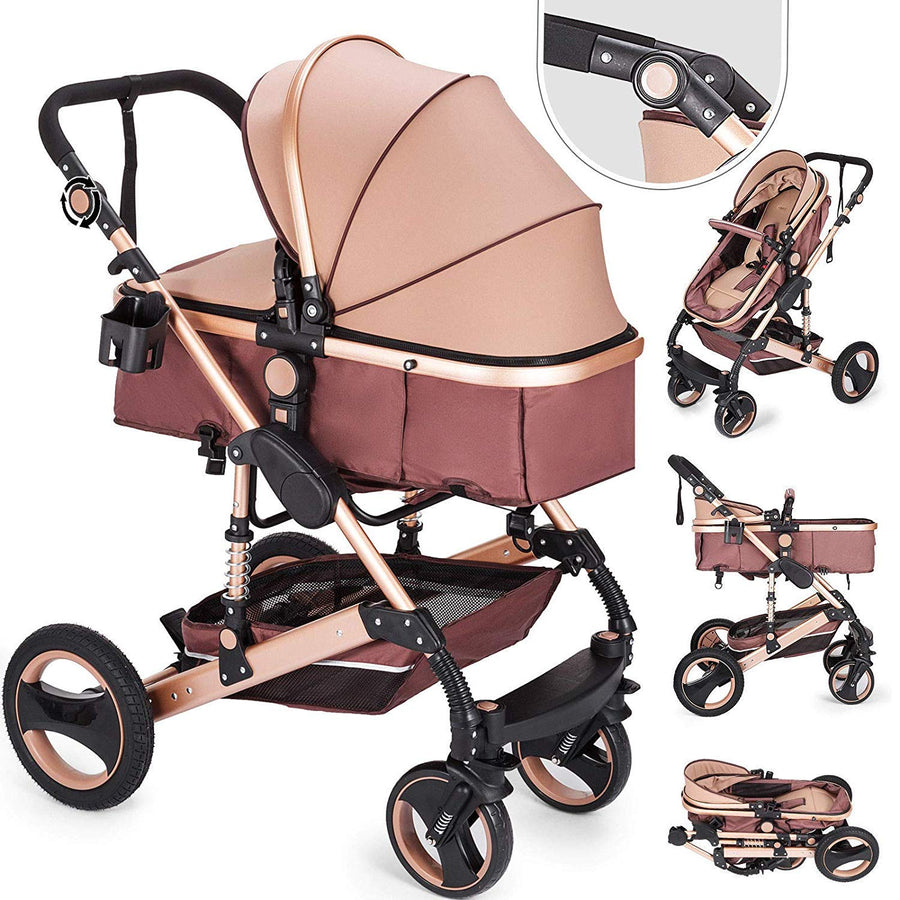 Carucior Bebelusi 2 in 1 Premium, Pliabil, cu Roti Cauciuc si Suspensii, Transformabil Landou-Sport, Cos Depozitare, 0-36 Luni