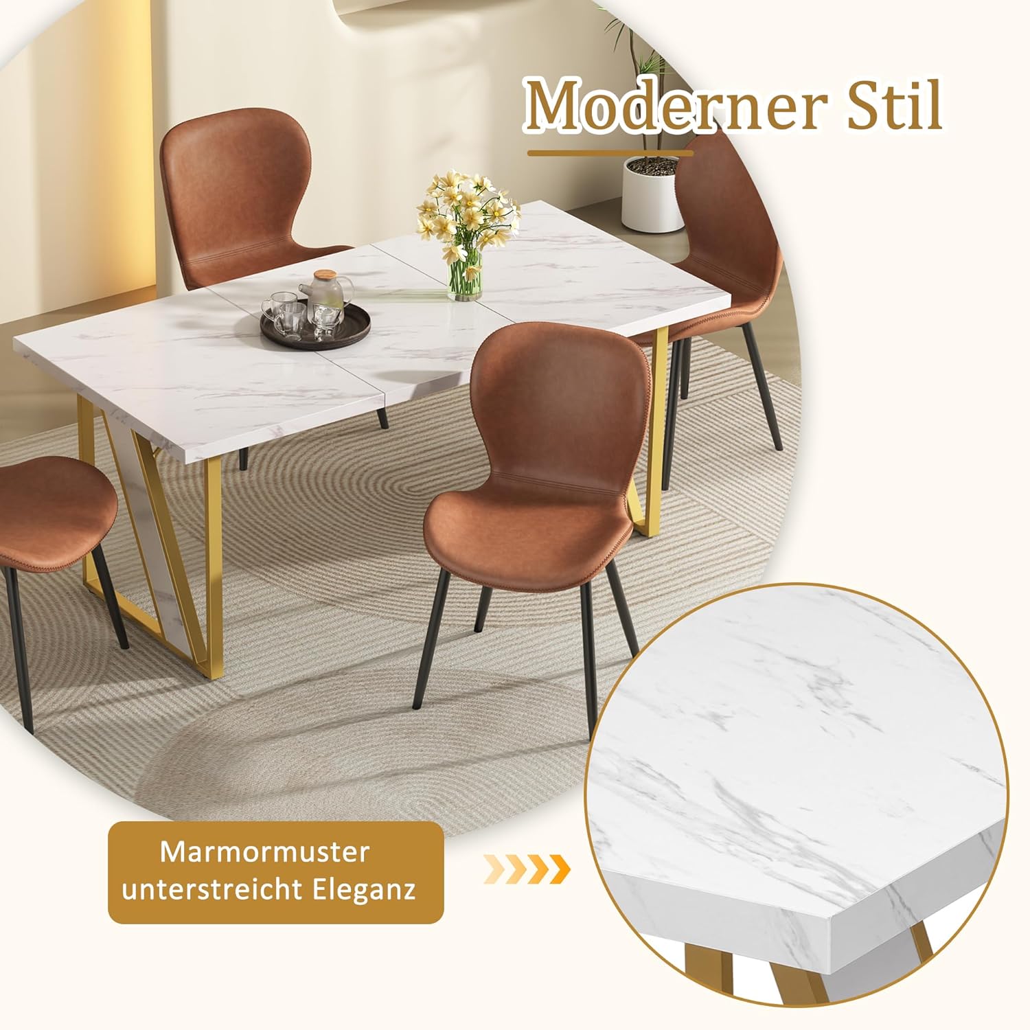 Masa dining moderna cu blat aspect marmura 160x80 cm cadru metalic