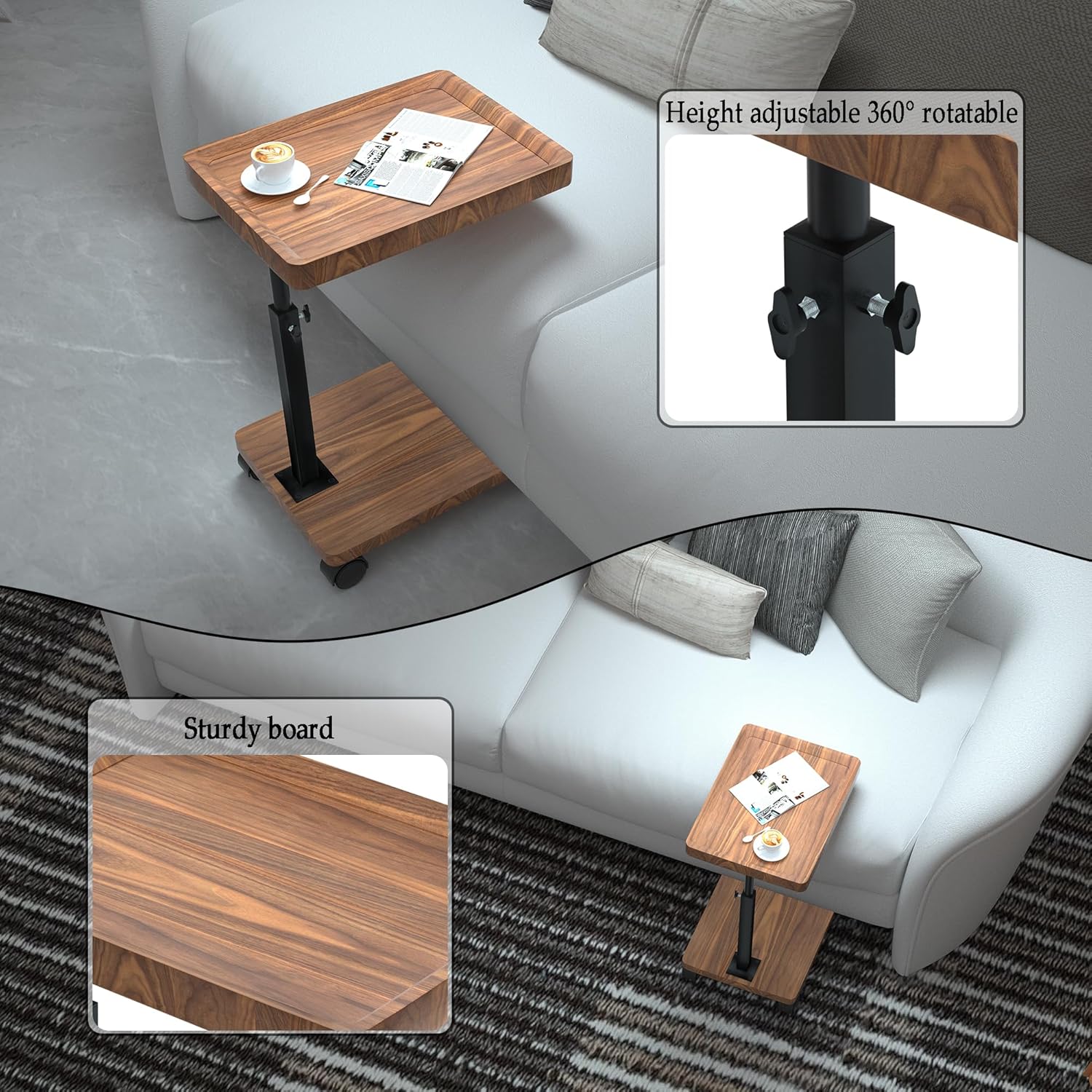 RESIGILAT - Masuta portabila pentru cafea, 2 blaturi MDF, inaltime ajustabila 45-80 cm, blat superior 40 x 30 cm, maro