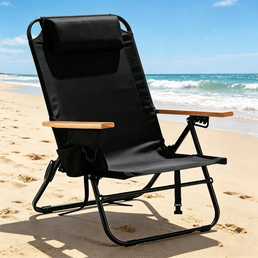 Scaun pliabil reglabil pentru camping – spatar inalt, suport cap, structura rezistenta