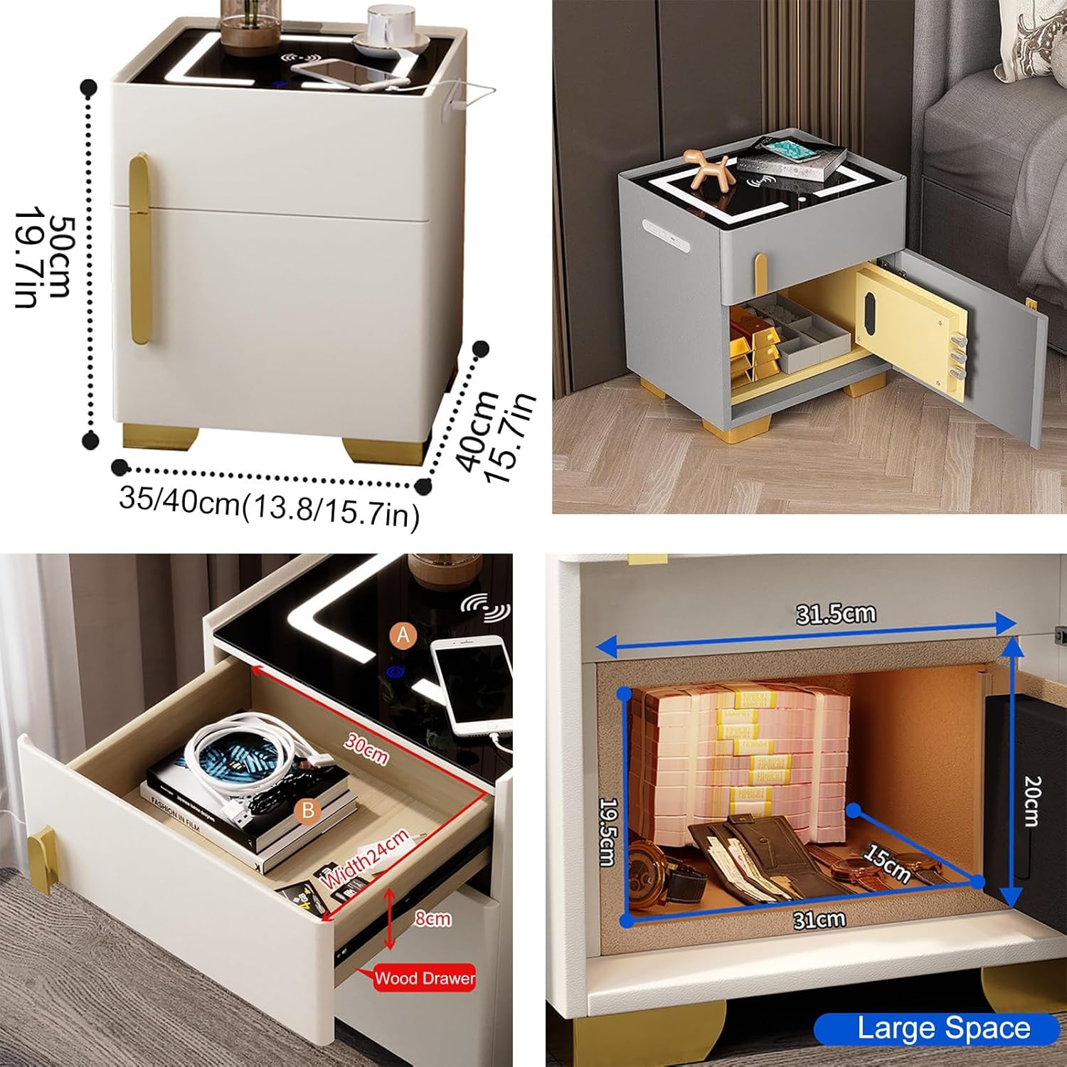 Noptiera cu statie de incarcare, seif ascuns si iluminare LED reglabila 3 culori pentru dormitor si living