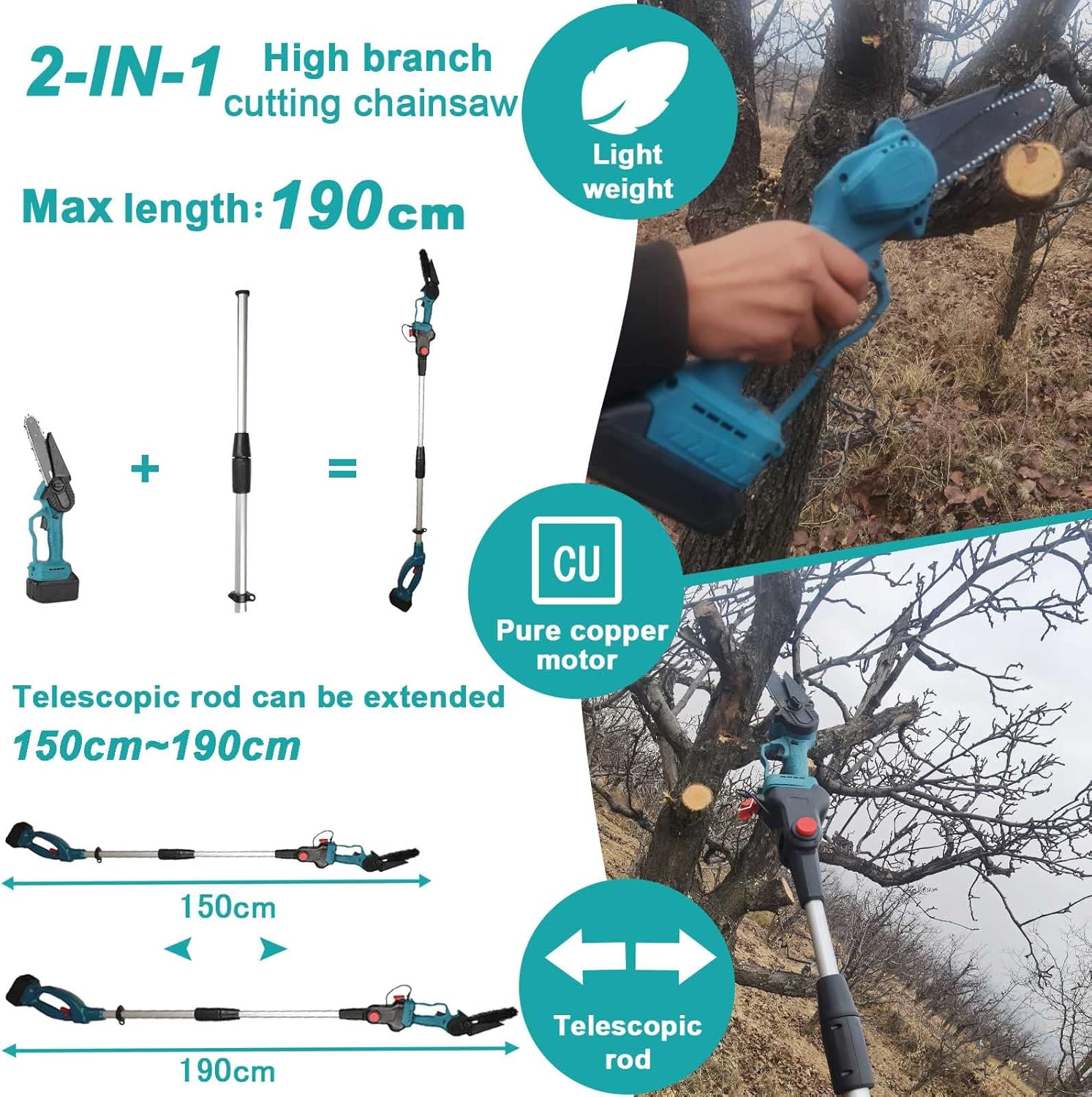 RESIGILAT - Set foarfeca gradina si mini drujba, 2 acumulatori 48V, cu brat 2.13m telescopic, unghi de taiere reglabil