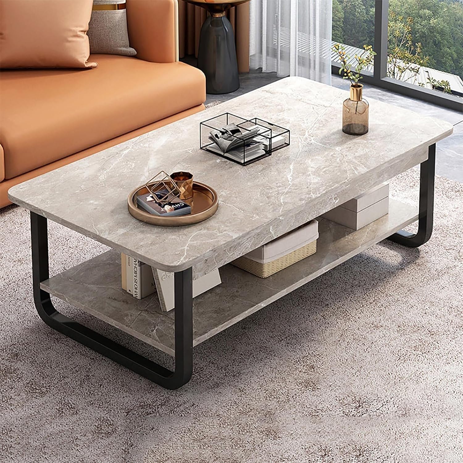 RESIGILAT - Masa de cafea rectangulara din MDF pentru living, cu o polita si cadru metalic
