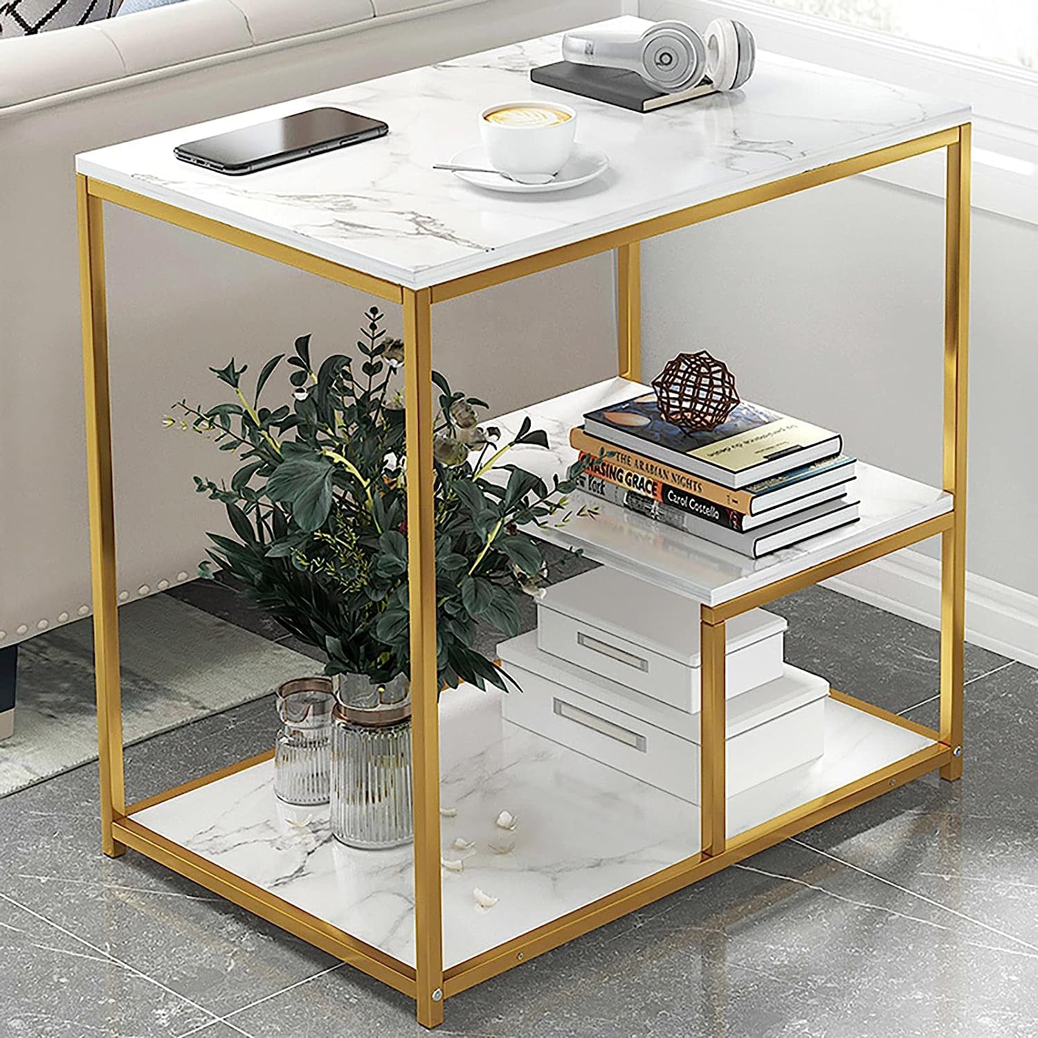 Masuta moderna cu blat tip marmura si cadru metalic  auriu – 3 nivele de depozitare 60 x 40 x 68 cm