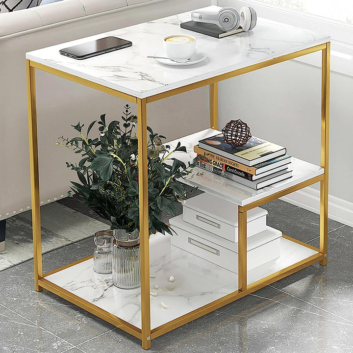 Masuta moderna cu blat tip marmura si cadru metalic  auriu – 3 nivele de depozitare 60 x 40 x 68 cm