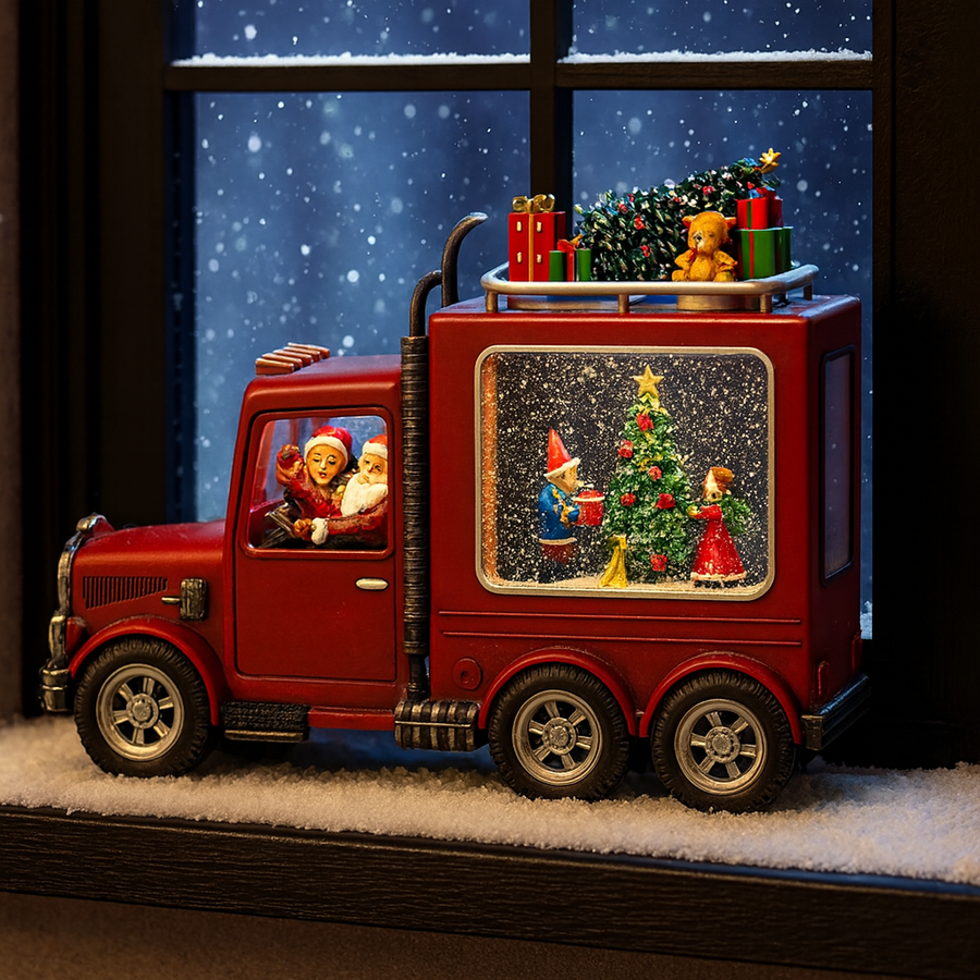 Decoratiune Craciun Camion Muzical cu Lichid si Sclipici, Iluminare LED si Scene 3D – 24.5 cm