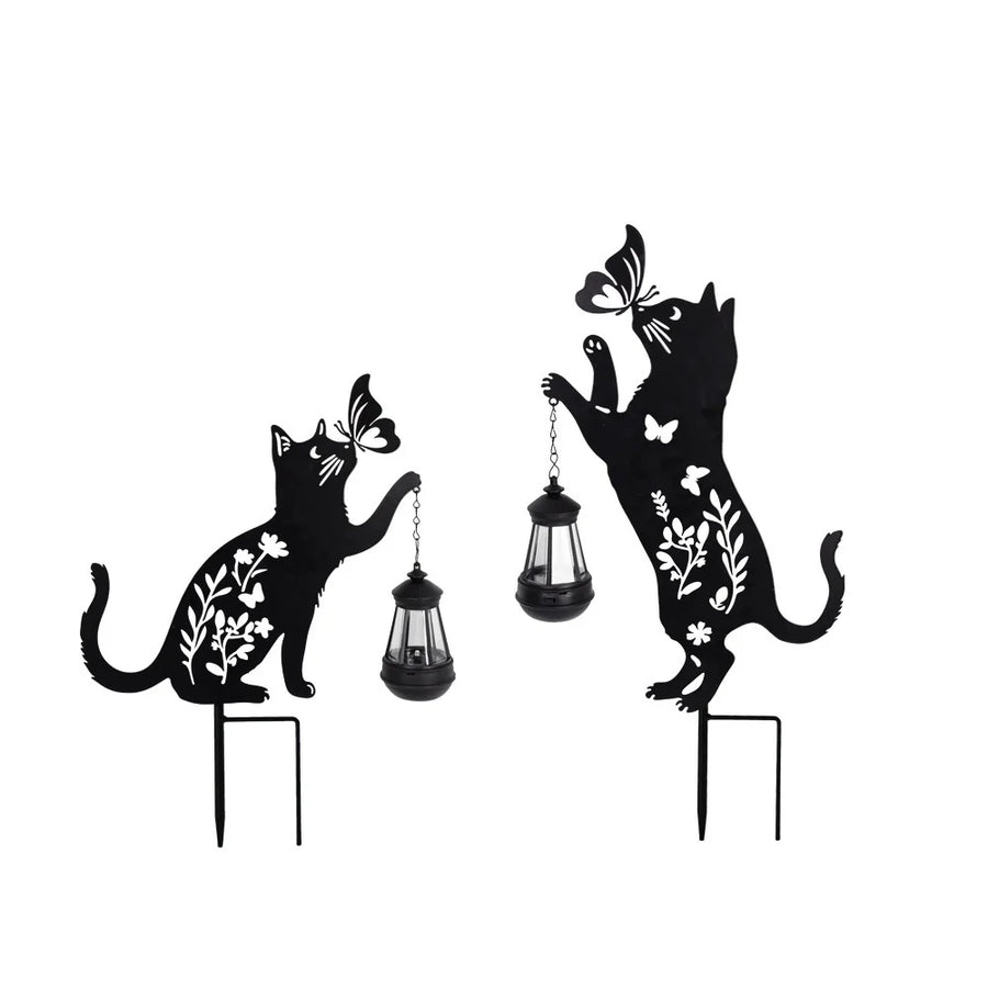 Set 2 Decoratiuni Solare de Gradina Pisica Neagra cu Felinar LED Fluture Metal - detaliu produs