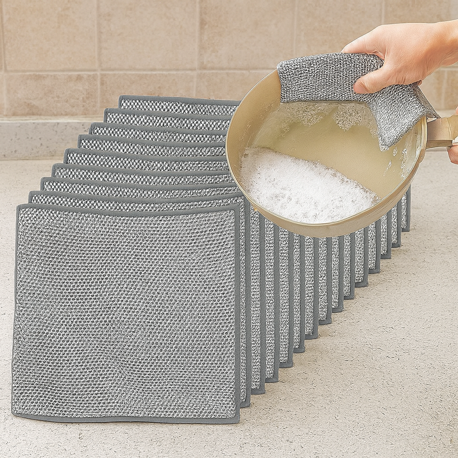 Set 10 lavete din microfibra metalica, abraziva, pentru vase, utilizare umeda si uscata, 20 x 20 cm, argintiu