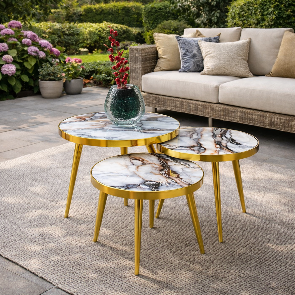 Set 3 masute de cafea tip nesting, cu blat tip marmura ,rotunde, alb si auriu – design premium