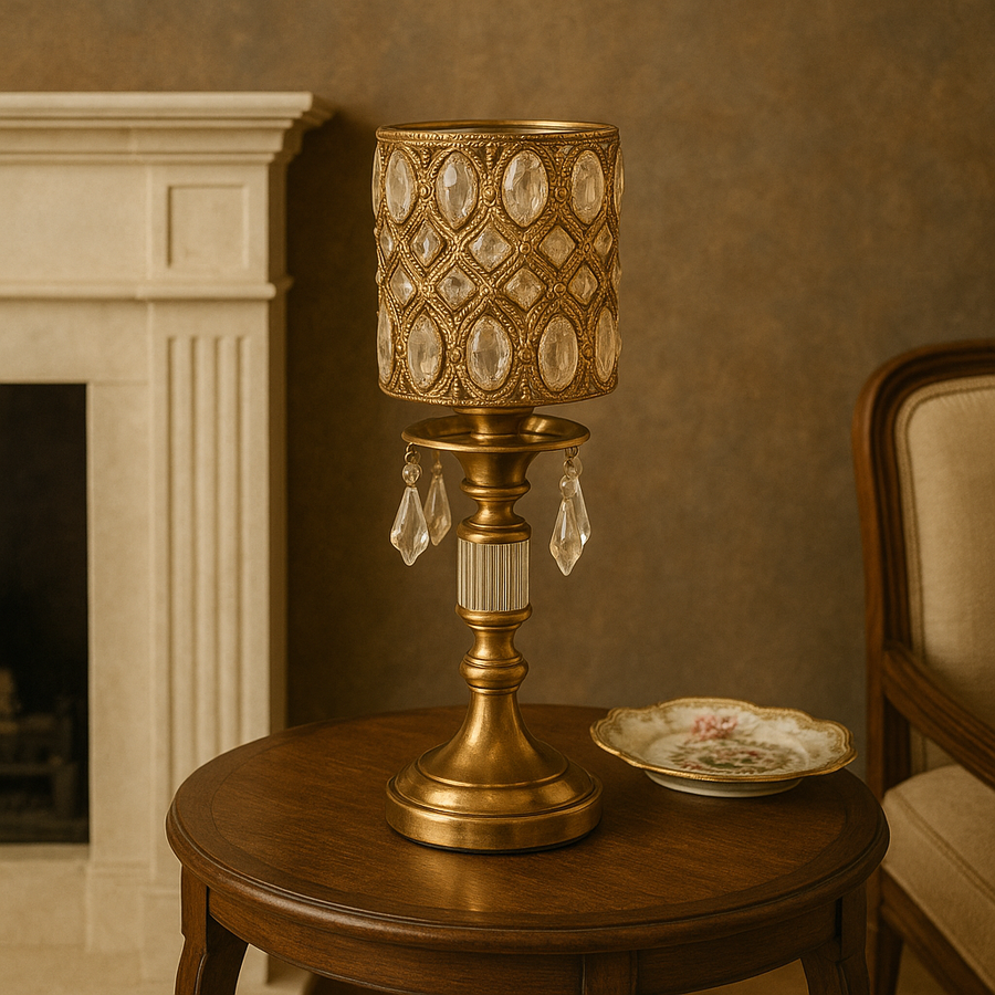 Candelabru decorativ auriu cu cristale, 40 cm. Metal finisat + cristale transparente