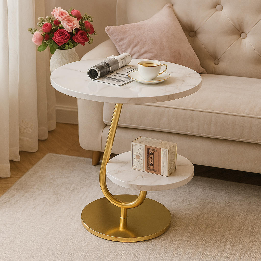 Masuta moderna cu blat tip marmura si raft inferior, cadru metalic auriu, design elegant 45 x 60 cm