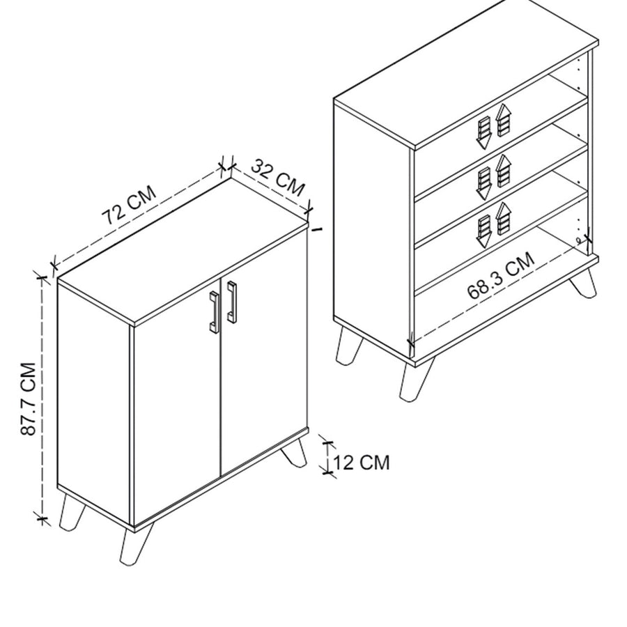 Pantofar Ceren multifunctional cu 2 usi si 4 rafturi interioare, dulap pantofi, mobilier hol ingust 70 x 110 cm, PAL melaminat 18 mm clasa E1, mecanism silentios soft-close, 72x32,5x88 cm