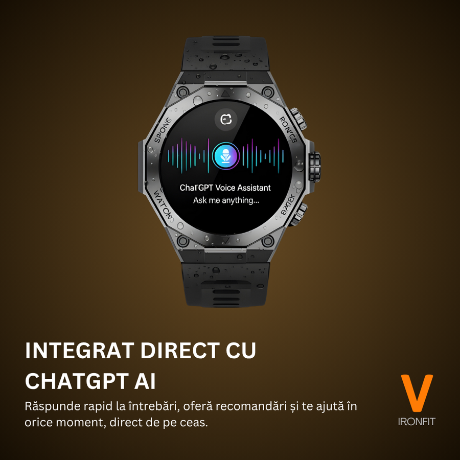 Ceas Smartwatch Barbati IRONFIT, Ecran AMOLED 1.43", Fitness, Sport, Apel Bluetooth, Notificari Limba Romana, Microfon HD, Rezistent Apa 5ATM, 2 Curele Incluse, Negru