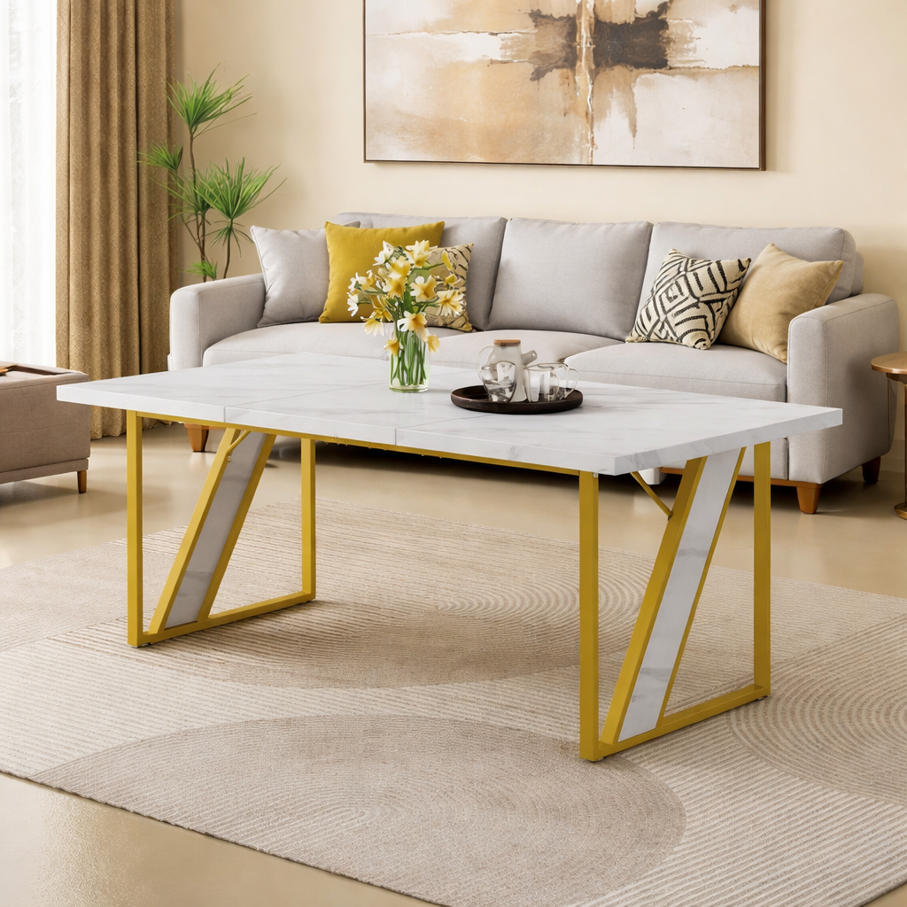 Masa dining moderna cu blat aspect marmura 160x80 cm cadru metalic