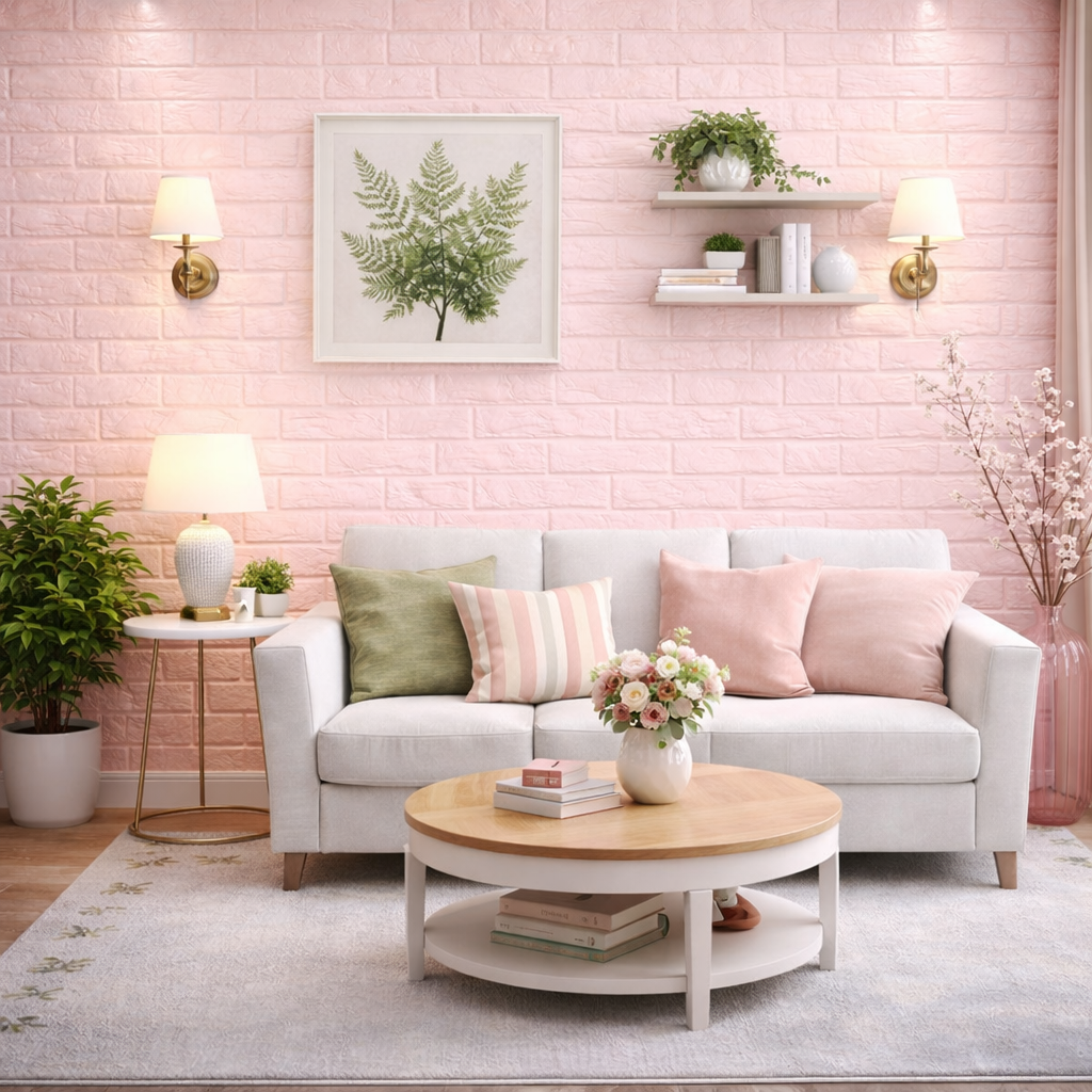 Tapet 3D caramida roz fucsia auto-adeziv pentru interior, 70 x 77 cm