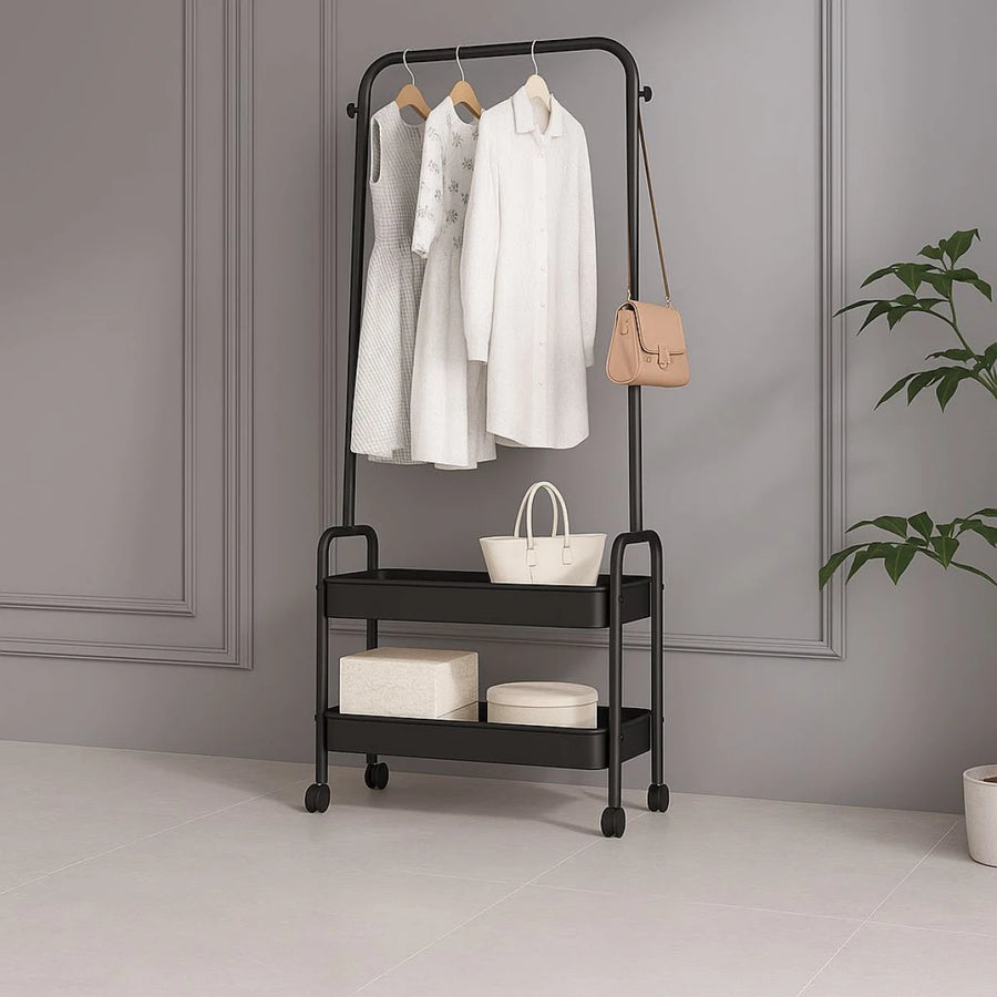 Suport pentru Haine cu Roti si Cosuri Metalice 2 Etaje 160x68x30cm Alb - detaliu produs
