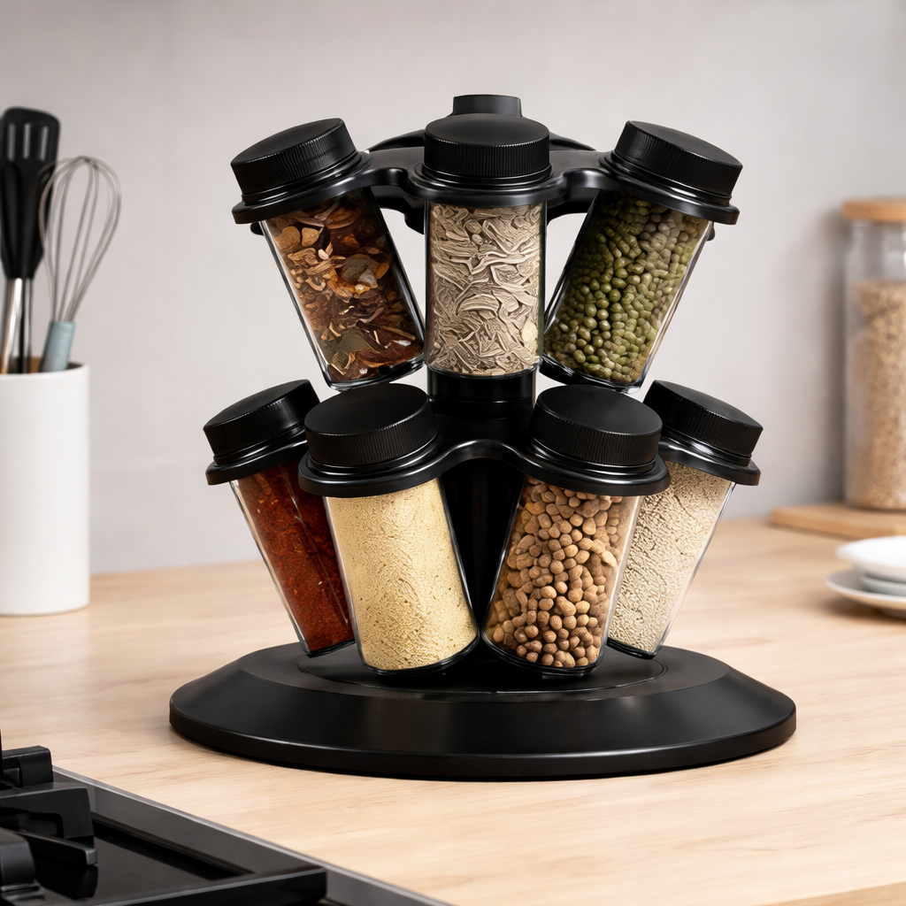Suport rotativ pentru condimente cu 12 borcane, design tip ciuperca