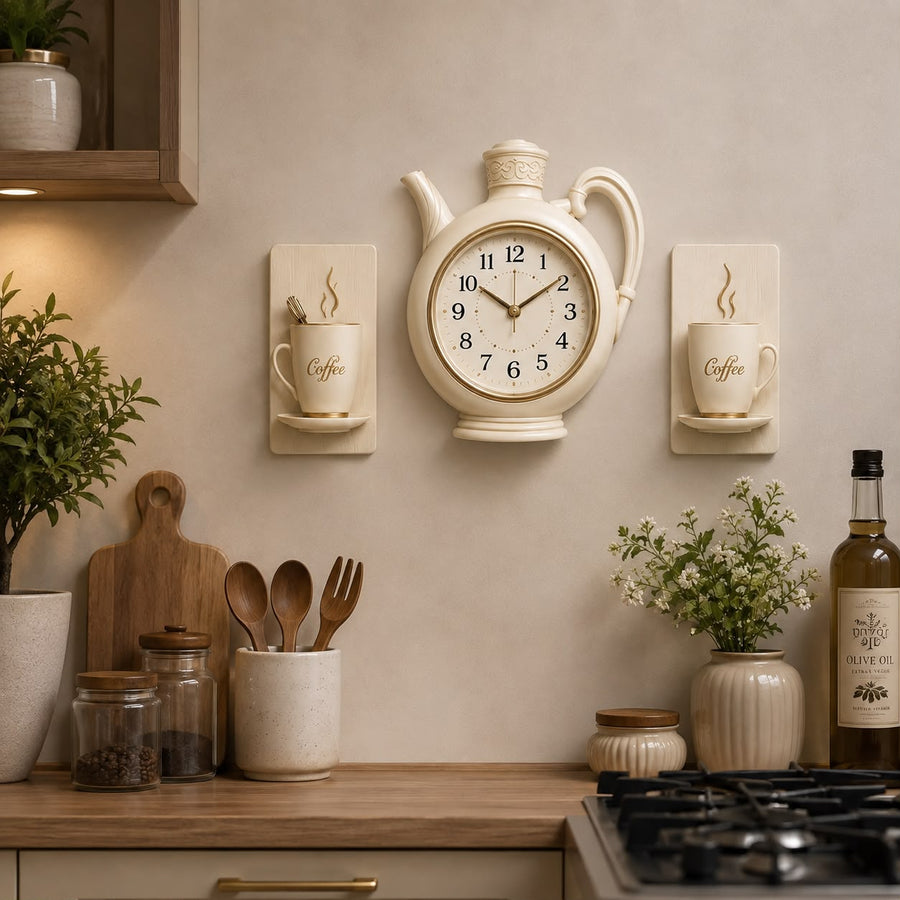 Ceas de Bucatarie in Forma de Ceainic si Cesti 3 Elemente OEM Shabby-Chic Plastic 56x23cm Crem-Bej Auriu - detaliu produs