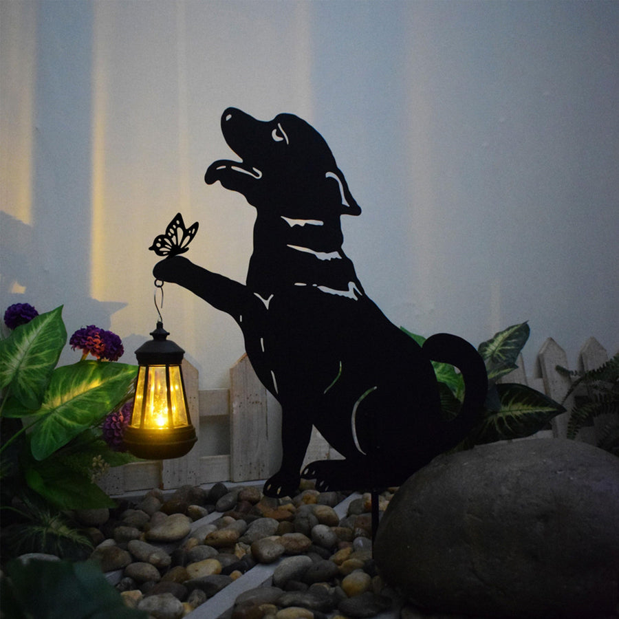 Set 2 Decoratiuni Solare de Gradina, Model Catelus cu Felinar LED si Fluture, din Metal - detaliu produs