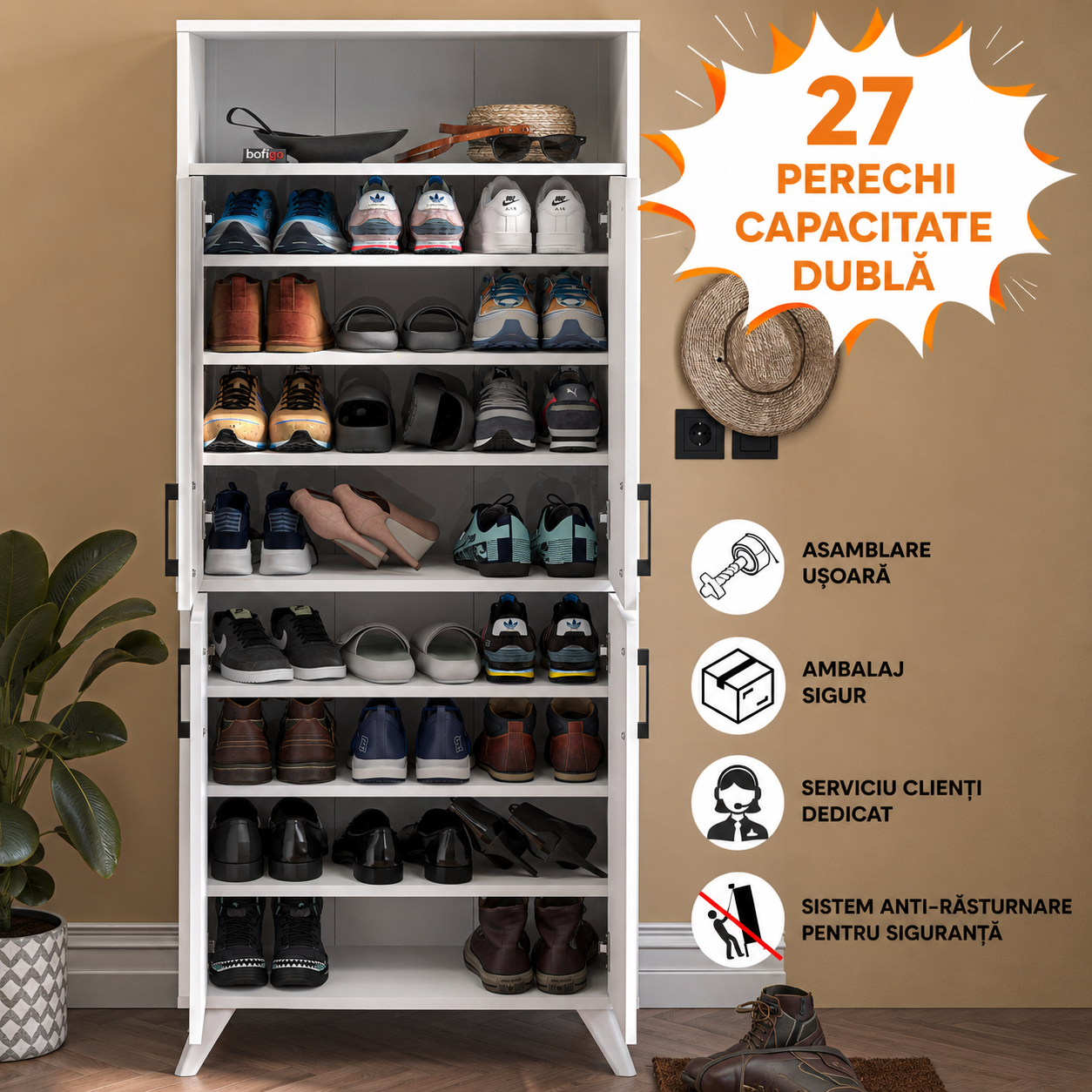 RESIGILAT - Pantofar modern 72x32x170 cm, cu 4 usi si 9 rafturi, pentru hol, intrare sau depozitare incaltaminte