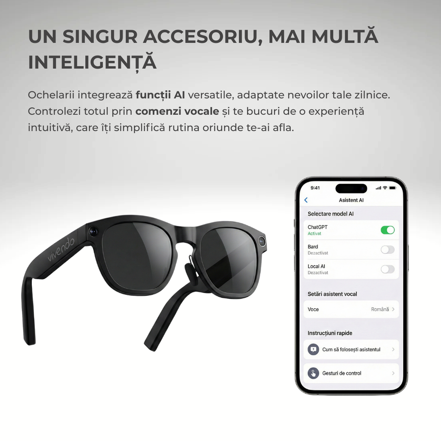 Ochelari Smart VIVENDO SMART GLASSES, Camera 1080P Full HD, AI Integrat, Apeluri Bluetooth, Control Tactil, Streaming Muzica, Wi-Fi 2.4G, Microfoane Duale, Negru