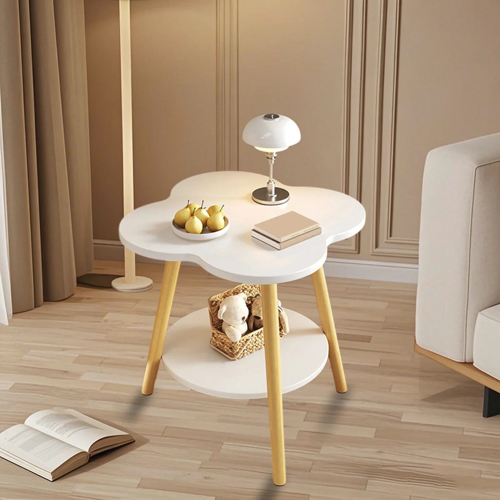 Masuta laterala multifunctionala, forma floare, cu raft depozitare, 50x40x40 cm, alba