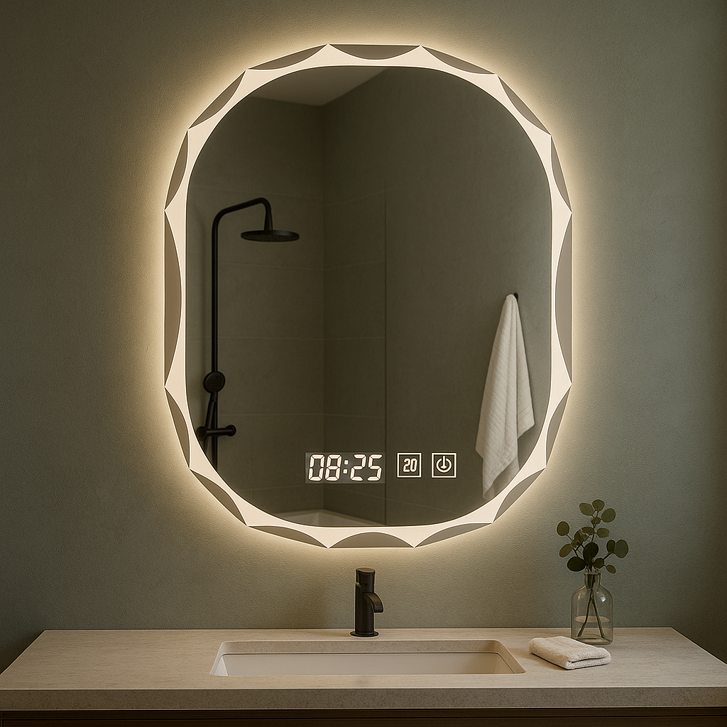 Oglinda Baie LED Ovală cu Senzor Touch, Dezaburire si Ceas – Design Modern 80 x 60 cm