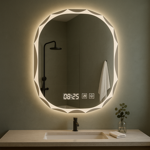 Oglinda Baie LED Ovală cu Senzor Touch, Dezaburire si Ceas – Design Modern 80 x 60 cm
