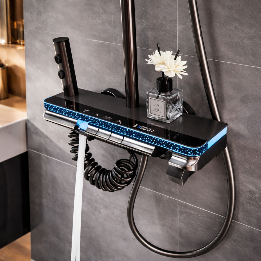 Coloana Dus Smart Premium cu LED si Termostat, 4 Functii, Butoane Piano, Finisaj Gri  cu Negru