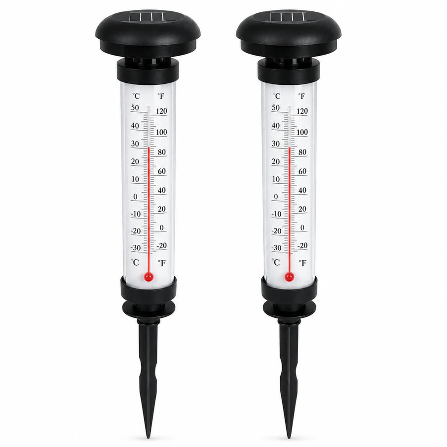 Set 2 Termometre Solare de Gradina cu Lampa LED Afisaj Dual Celsius Fahrenheit 35cm Negru - imagine principala